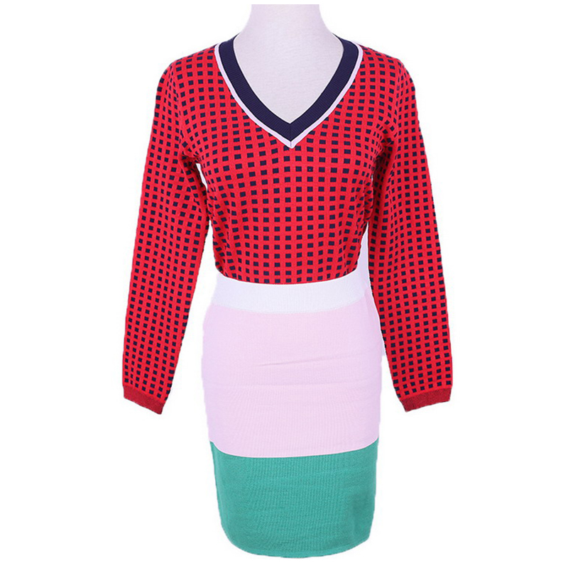 2018 Office Ladies Girls Assorted Color Grid Jacquard Twinset Tröja Klänning