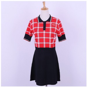 Custom Design Kortärmad Polo Collar Contrastfärger Plaids Office Ladies Stickat tröja