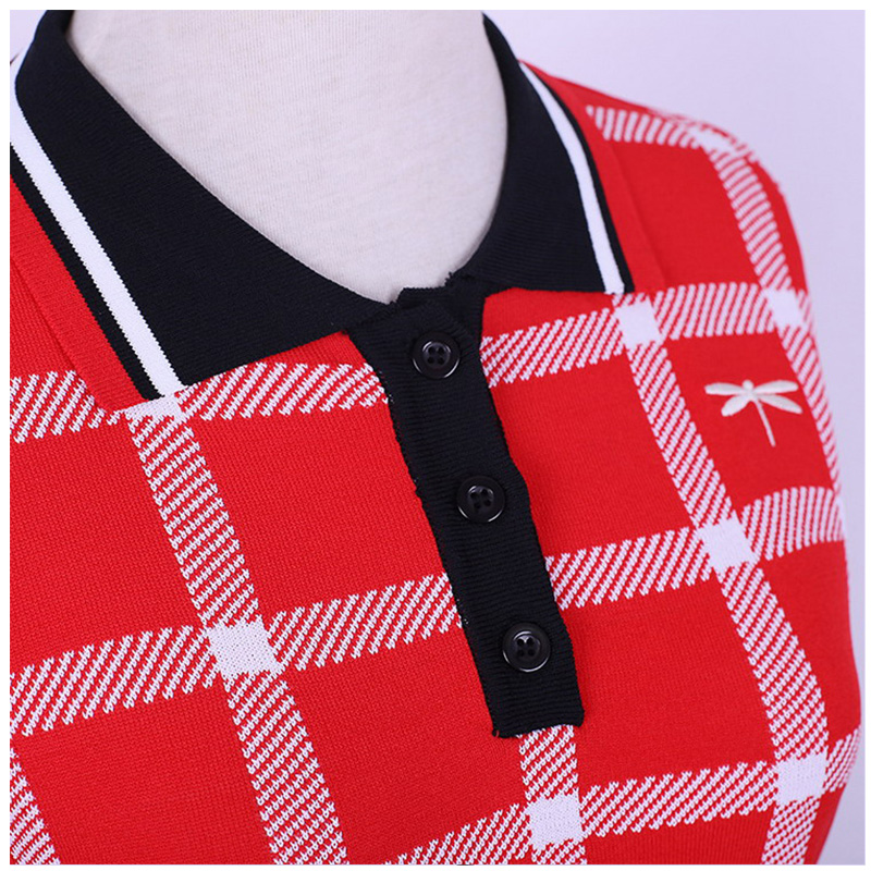 Custom Design Kortärmad Polo Collar Contrastfärger Plaids Office Ladies Stickat tröja
