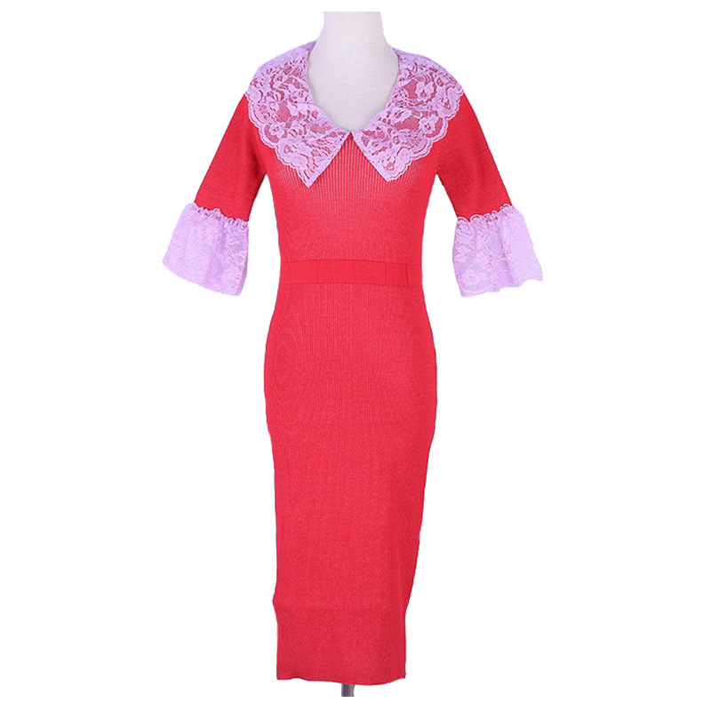 Skräddarsydd Sommar Kort Flare Sleeve Lace Braids Ladies Pencil Sweater Knit Dress