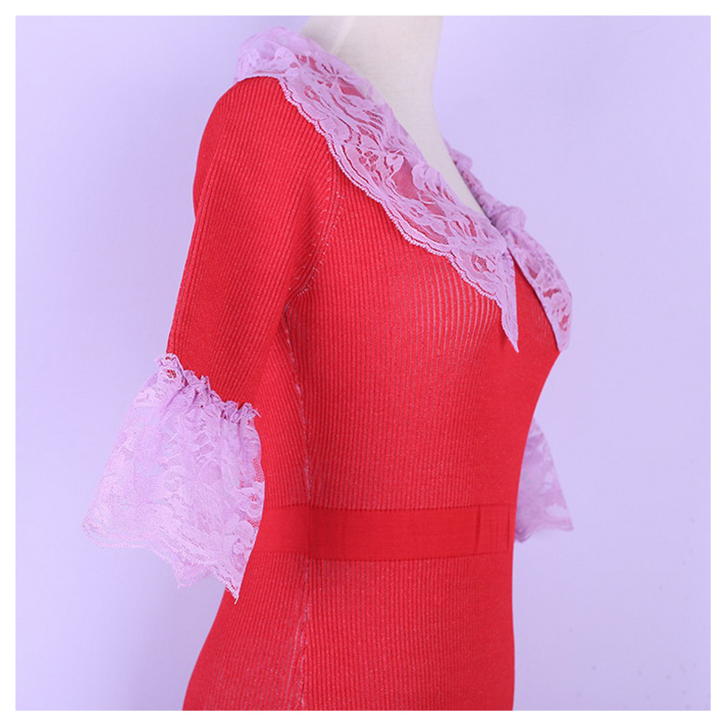 Skräddarsydd Sommar Kort Flare Sleeve Lace Braids Ladies Pencil Sweater Knit Dress
