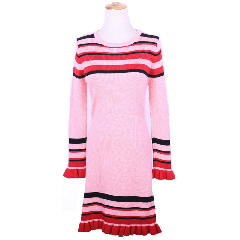 Winter Woolen Thick Flare Striped Long Women Dress Sweater