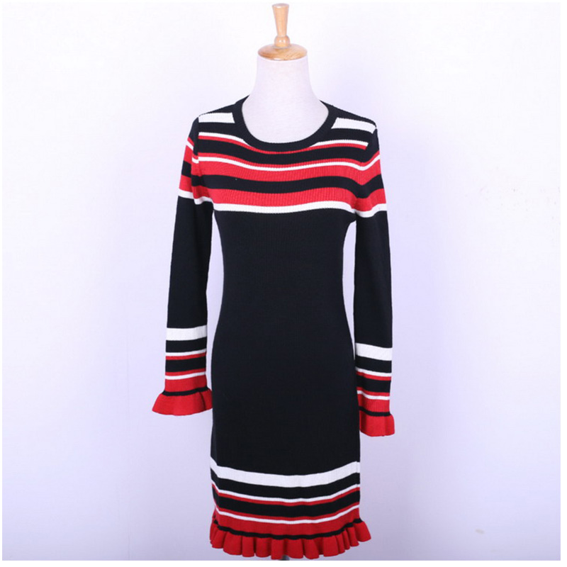 Winter Woolen Thick Flare Striped Long Women Dress Sweater