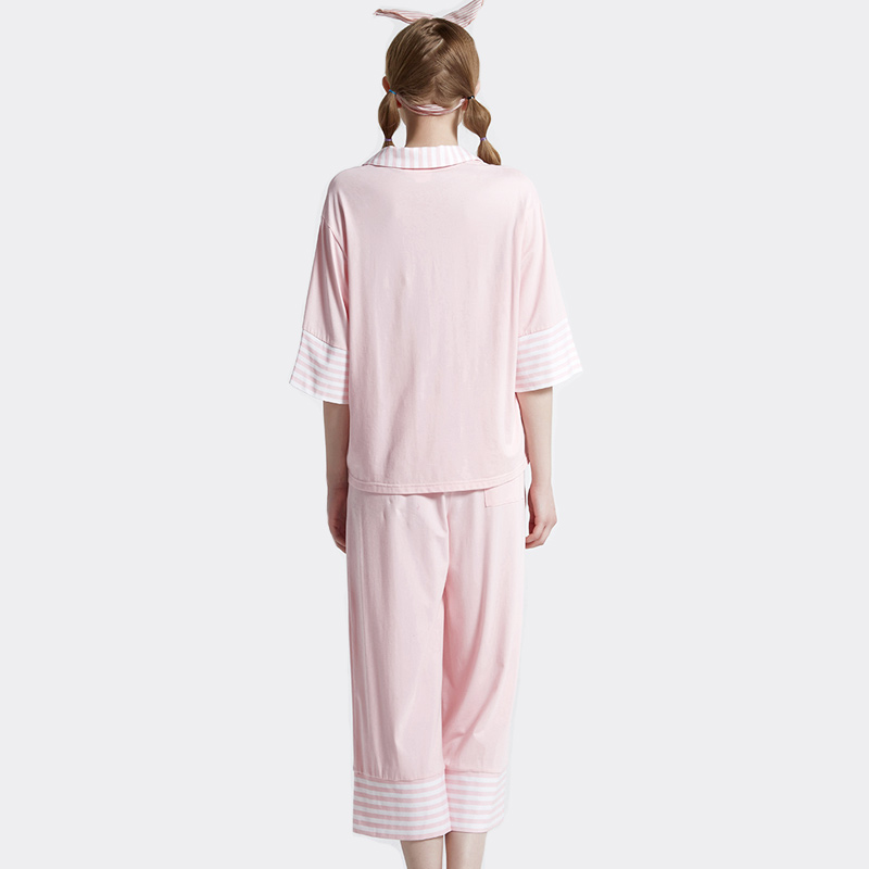Kvinnor Stripe Cotton-Spandex Single Jersey Pyjamas Set