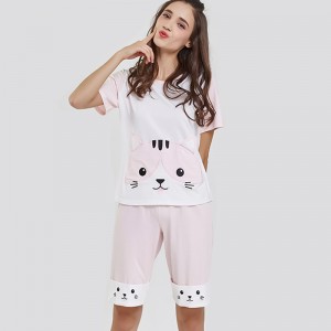 Kvinnor Modal Jersey Fabric Cat Broderier Pyjamas Set