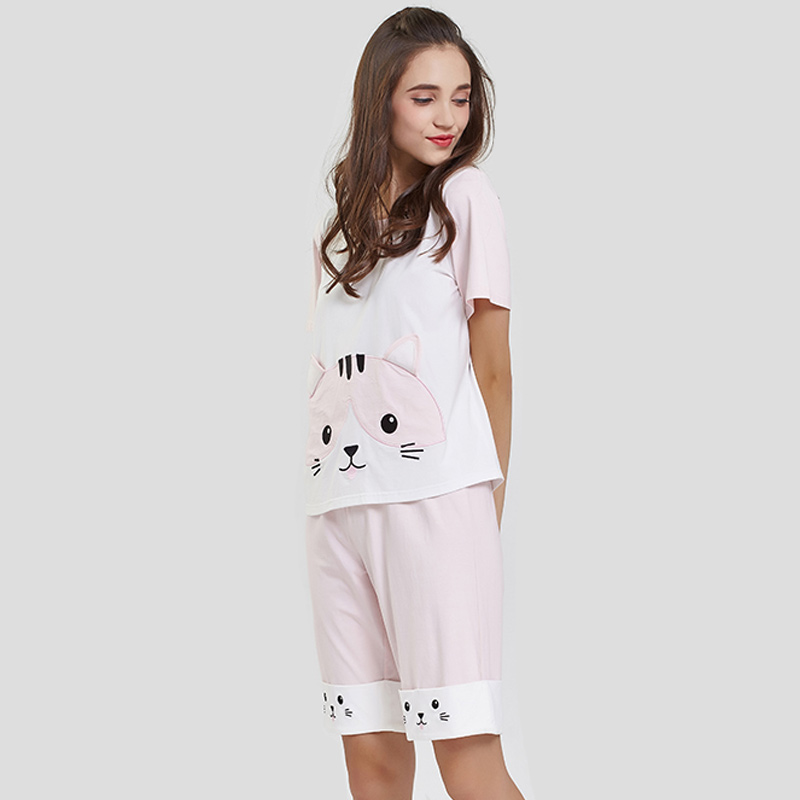 Kvinnor Modal Jersey Fabric Cat Broderier Pyjamas Set