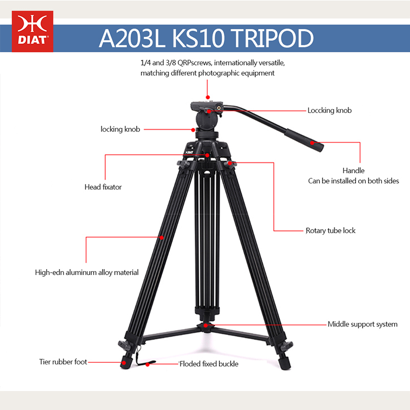 Diat A203L KS-10 Aluminiumlegering digital Videostöd stativ 1,8 meter hög 3 sektioner