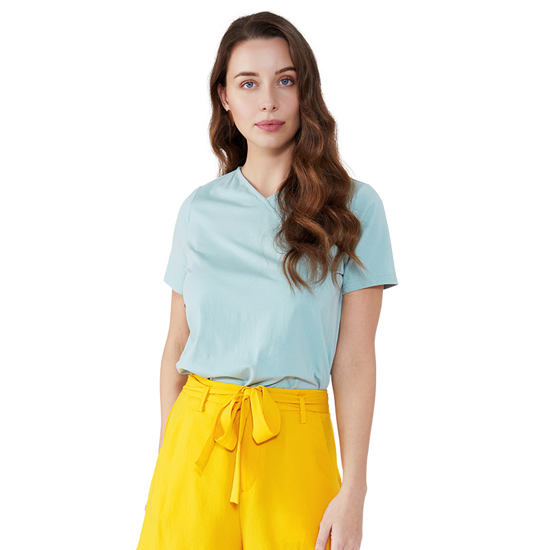 Senaste Klänningar T-shirt Lösa Bluse Lady Sommar Basic Style V Hals Spandex Pepparmint Green Short Sleeve