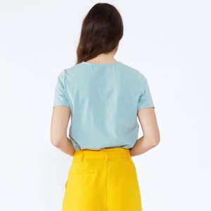 Senaste Klänningar T-shirt Lösa Bluse Lady Sommar Basic Style V Hals Spandex Pepparmint Green Short Sleeve