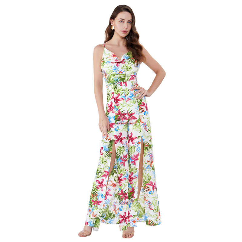 Sommar Split Custom Floral Printing One Piece Stretch Vintage Jumpsuit