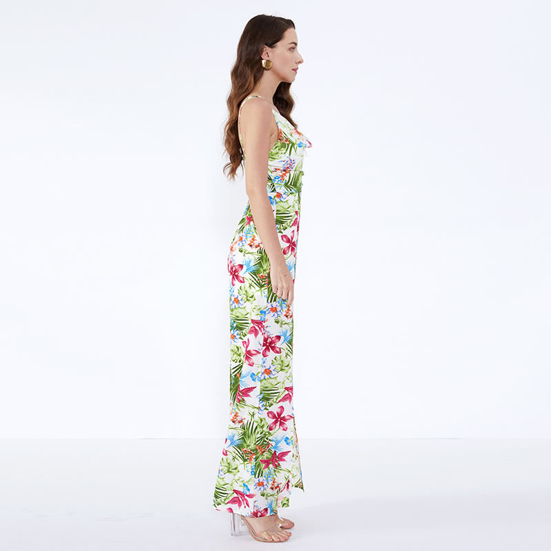 Sommar Split Custom Floral Printing One Piece Stretch Vintage Jumpsuit