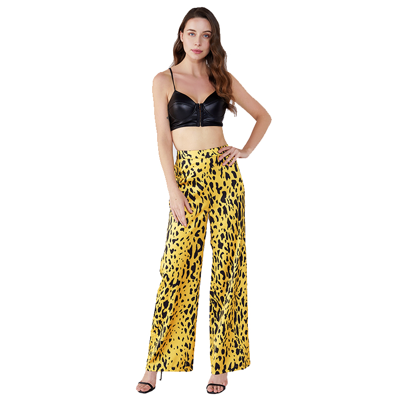 Gul Leopard Texture Palazo Dam Lady Byxor Med Elastisk JCGJ190315037