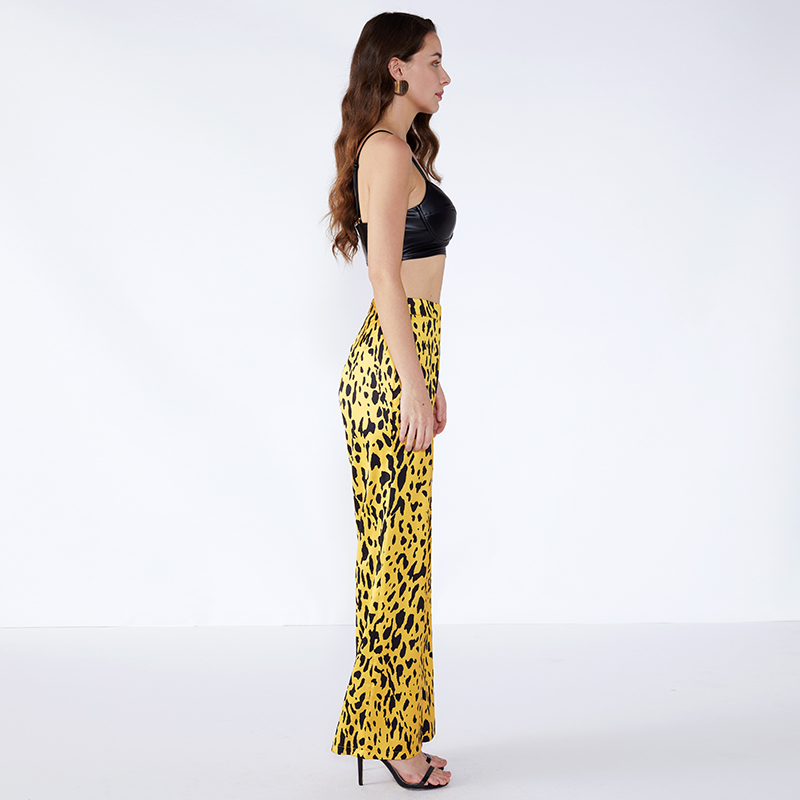 Gul Leopard Texture Palazo Dam Lady Byxor Med Elastisk JCGJ190315037