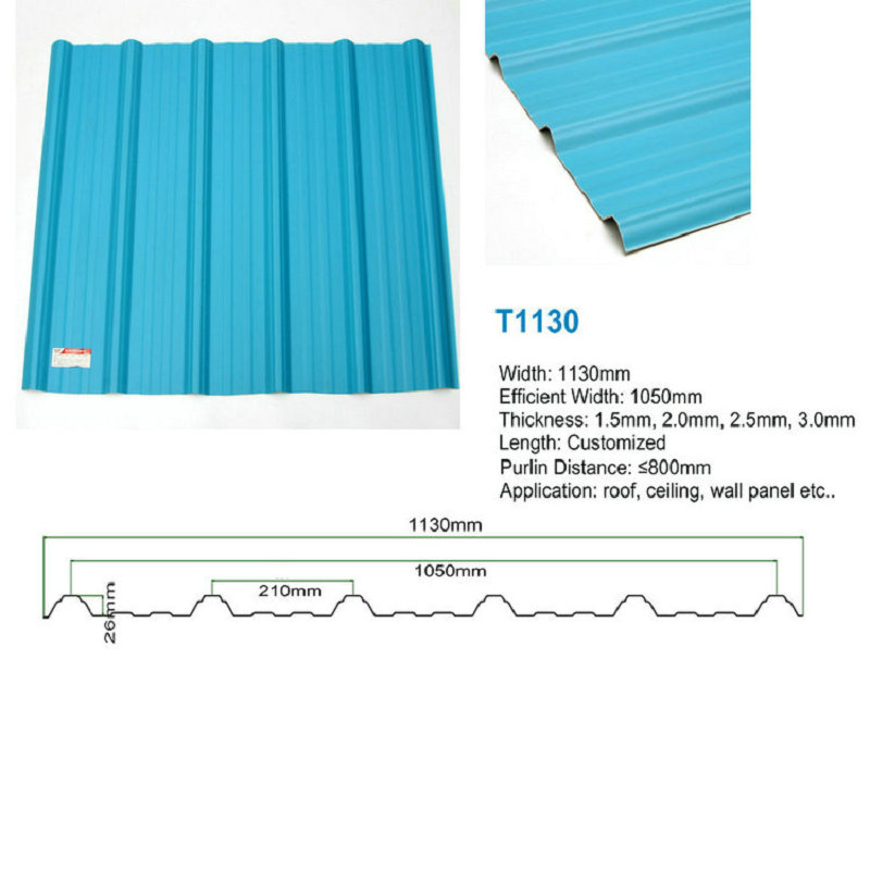 T1130 Blue ASA PVC UPVC Takbeläggning Trapezformad Corrugated Plastic Roof Sheet