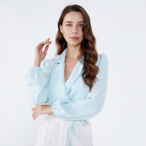 Ljusblå Sjal Collar Elegant Fashion Office Använda damer Långärmade Blus