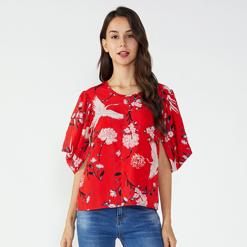 Partihandel Bulk Crop Rhinestone Chiffon Bluse Kvinnor Toppar