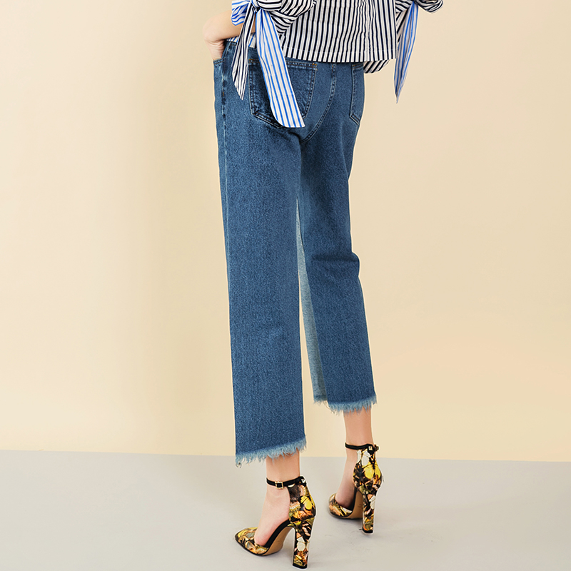 2019 Nykomst Fashion Rough Selvedge Hem Splicing Blå Denim Byxor Jeans Kvinnor