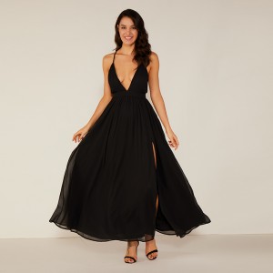 Högkvalitativ Deep V Black Evening Maxi Klänning Chiffon Sexiga Eleganta Klänningar