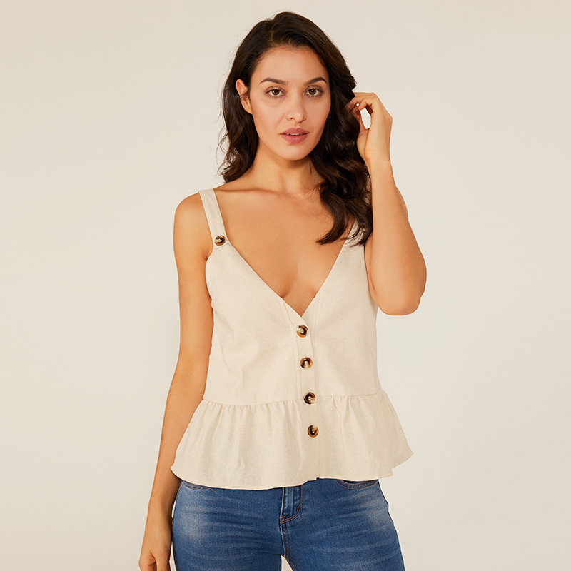 Sommar Deep V Girls Sexig Ärmlös Top Fashion Design Vit Ärmlös tröja Lady Blouse