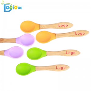 Anpassad logotyp Bambu Babyutrustning Silikon Babyskedar matklass BPA gratis naturliga babysskedar