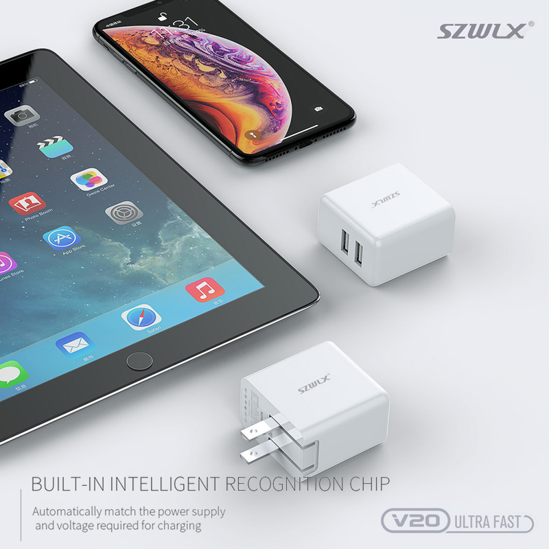 WEX V20 Dubbel USB -laddare med hopfogbar koppling för iPhone X /8 /7 /6s /Plus, iPad Air 2 /mini 3, Galaxy S7 /S6 /S6 Edge, Not 5 och More, White