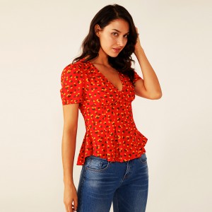 Kvinnor Deep V Summer Red Ruffle Floral Pleated Print Blouse