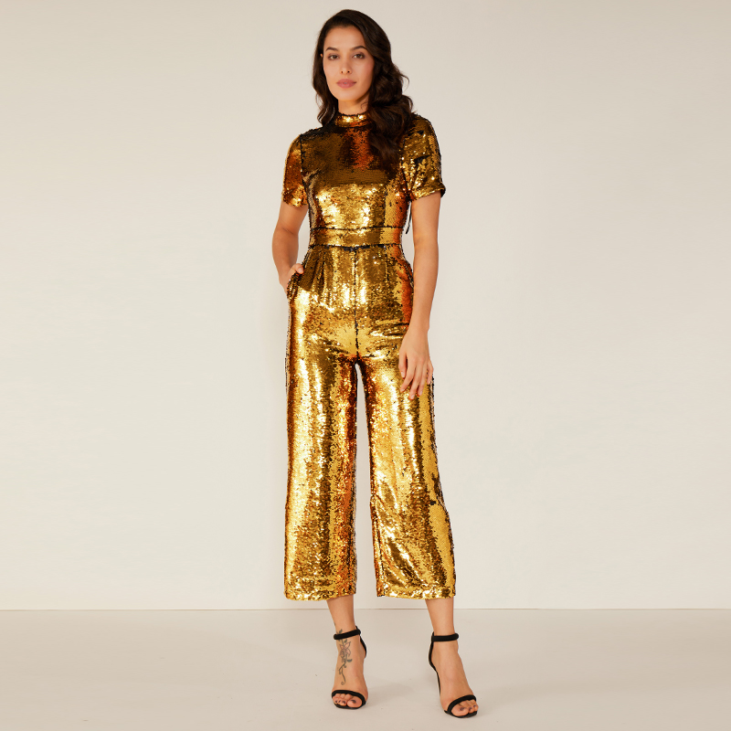 Kvinna Sexig Sparkle Glitter Reflective Jumpsuit Senaste designen