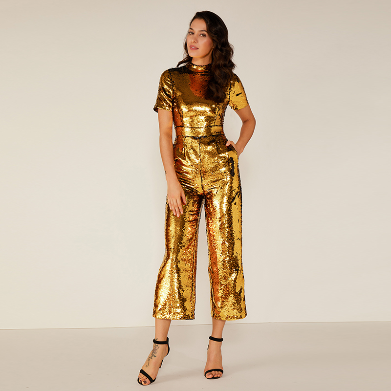 Kvinna Sexig Sparkle Glitter Reflective Jumpsuit Senaste designen