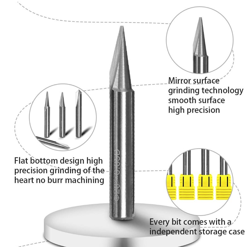 Graveringsbitar, 2 flöjter Rak CNC V-bit 1/4 tum skaftmarkering Konisk graveringsvägsverktyg för stål Messing MDF trä