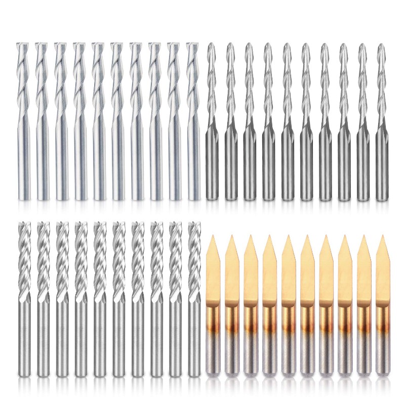 End Mill kombination Kit Set CNC Router Bits Cutter Cutting Milling Tool (4 typ, var 10 st) Inklusive Flat Nose / Ball Nose End Mill, 30 ° V-form graveringsbitar och 4 flöjter End Mill