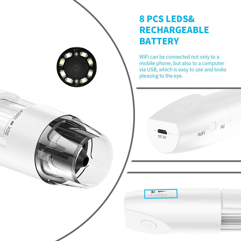 WiFi-mikroskop 50X till 1000X trådlöst digitalt mikroskop, flexibelt armobservationsstativ med 1080P HD 2.0 MP 8 LED-kamera, Mini handhållet mikroskop för Android iOS PC