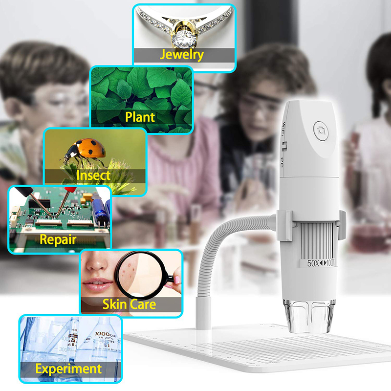 WiFi-mikroskop 50X till 1000X trådlöst digitalt mikroskop, flexibelt armobservationsstativ med 1080P HD 2.0 MP 8 LED-kamera, Mini handhållet mikroskop för Android iOS PC