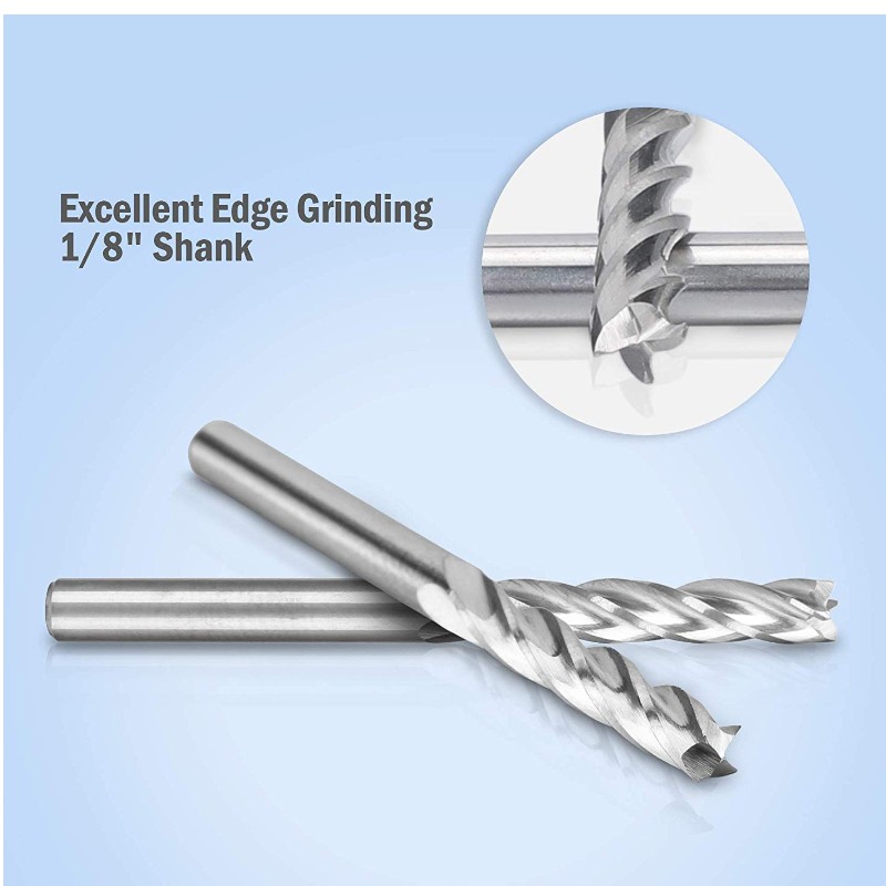 CNC End Mill 1/8 Router Bits 1 8 Shank 4-flöjt Spiral uppskuret fräsning Volframstål Träskärverktygssats 17mm CEL, 38,5mm OAL för akryl MDF PVC Density Board Hardwood Plywood