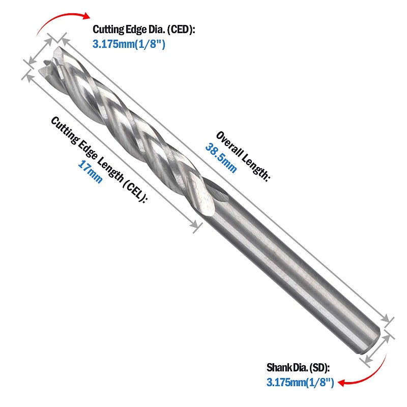 CNC End Mill 1/8 Router Bits 1 8 Shank 4-flöjt Spiral uppskuret fräsning Volframstål Träskärverktygssats 17mm CEL, 38,5mm OAL för akryl MDF PVC Density Board Hardwood Plywood
