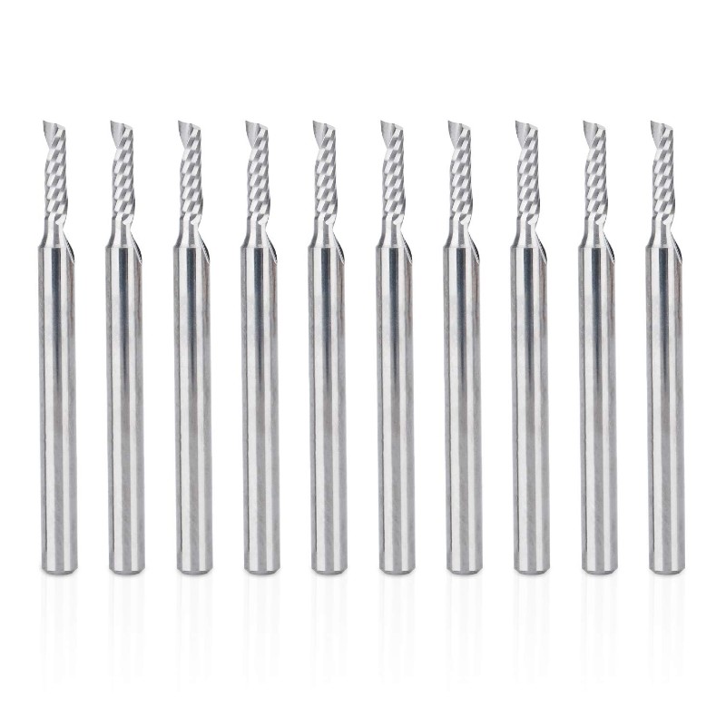 CNC-routerbitar, 1/8 ”skaft Spiral uppskurna router Bit 1 Flöjtändfräs Set Frässkär 2mm skärning av enskilt flöjt volframstålstick 8mm CEL, 38,5 mm OAL för MDF akryl PVC