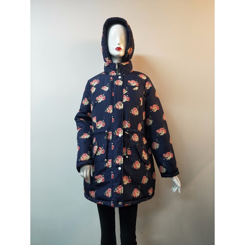 LADIES NAVY FLOWER PRINT PUFFER COAT RLWPC0003