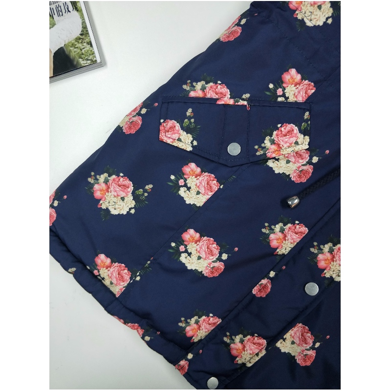 LADIES NAVY FLOWER PRINT PUFFER COAT RLWPC0003