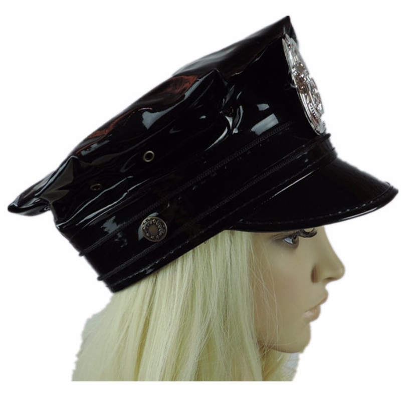 Hawk Hat Badge PVC PU läderlock svart åttkantigt läder poliskapp läder militär mössa som spelar enhetligt mössa huvudbonader