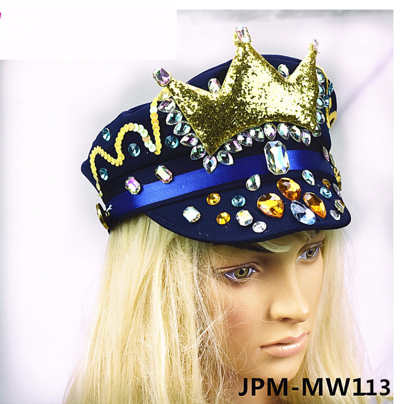Ny safirblå krona Lyjenny hatt Brazilian Carnival diamant hattar sequined hatt specialtillverkad grossist
