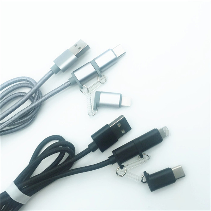 KPS-1002CB 3in1 Hög kvalitet 1M 2a OD3.5MM nylonflätad laddning USB-kabel