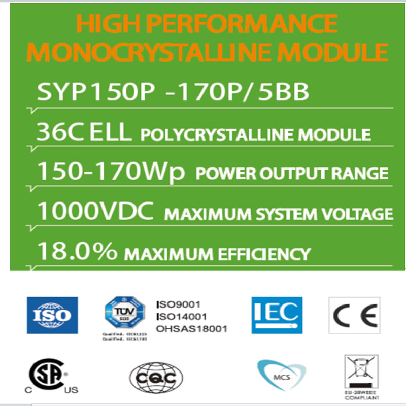 HÖG PRESTANDA MONOCRYSTALLIN MODUL SYP150P -170P / 5BB 36C ELL POLYCRYSTALLINE MODUL