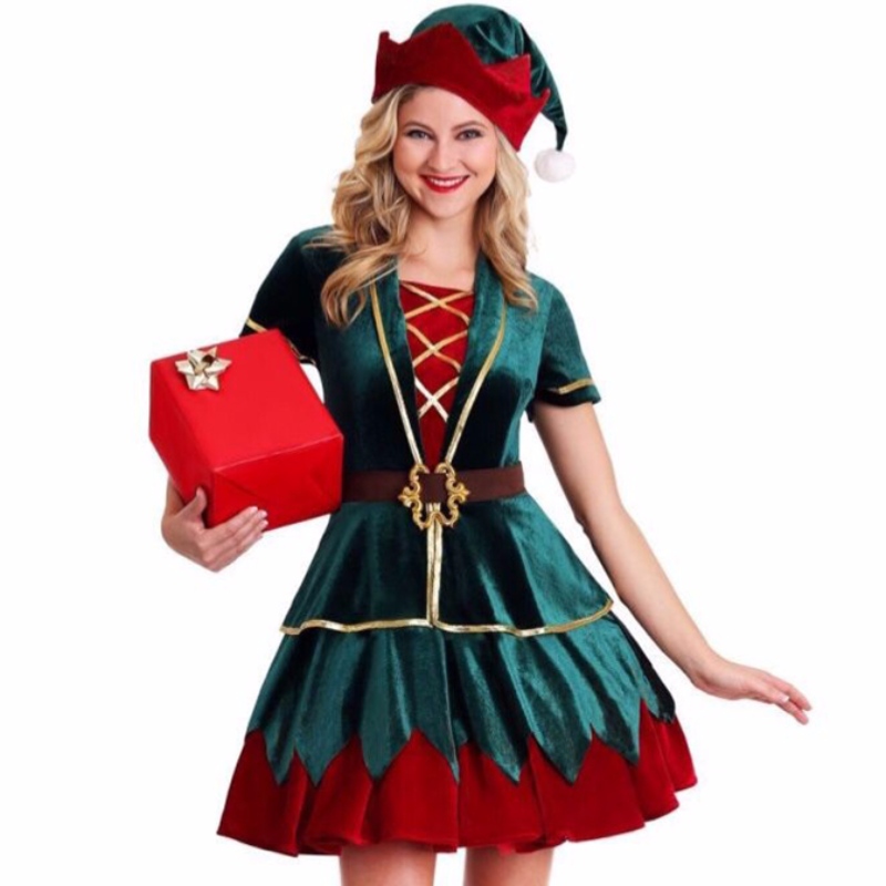 4pcs Deluxe Elf Christmas Party Holiday Velvet Mini Dress Costume med Hat