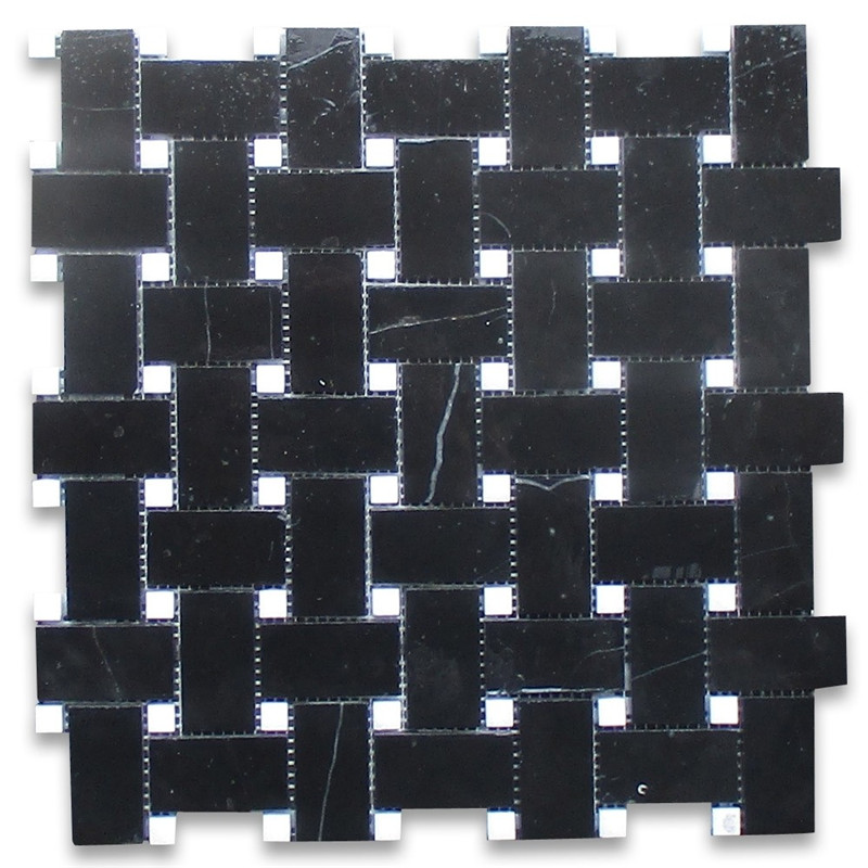Nero marquina svart marmor 1x2 basketweave mosaikplattor vita prickar finslipade