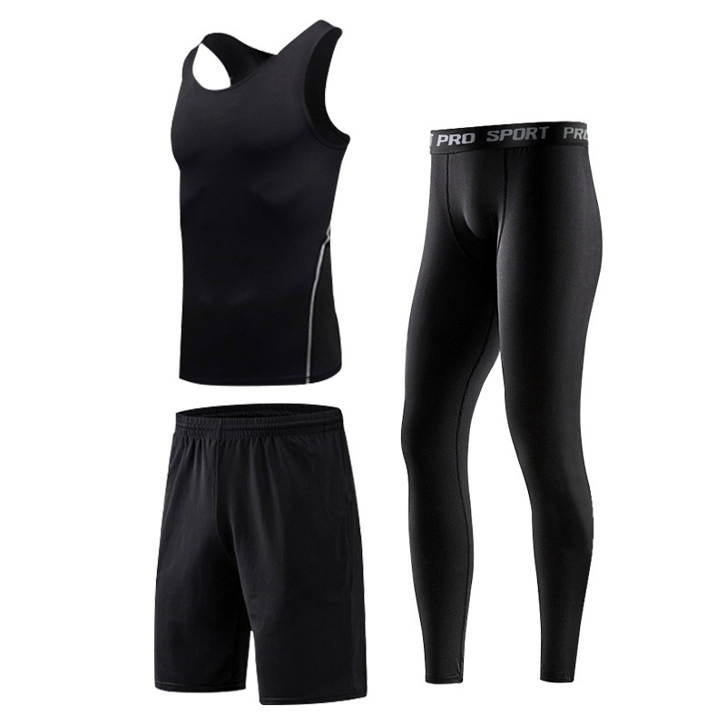 FDMM002-3 Fitnessdräkt för män, tank top + lösa shorts + täta byxor för löpning