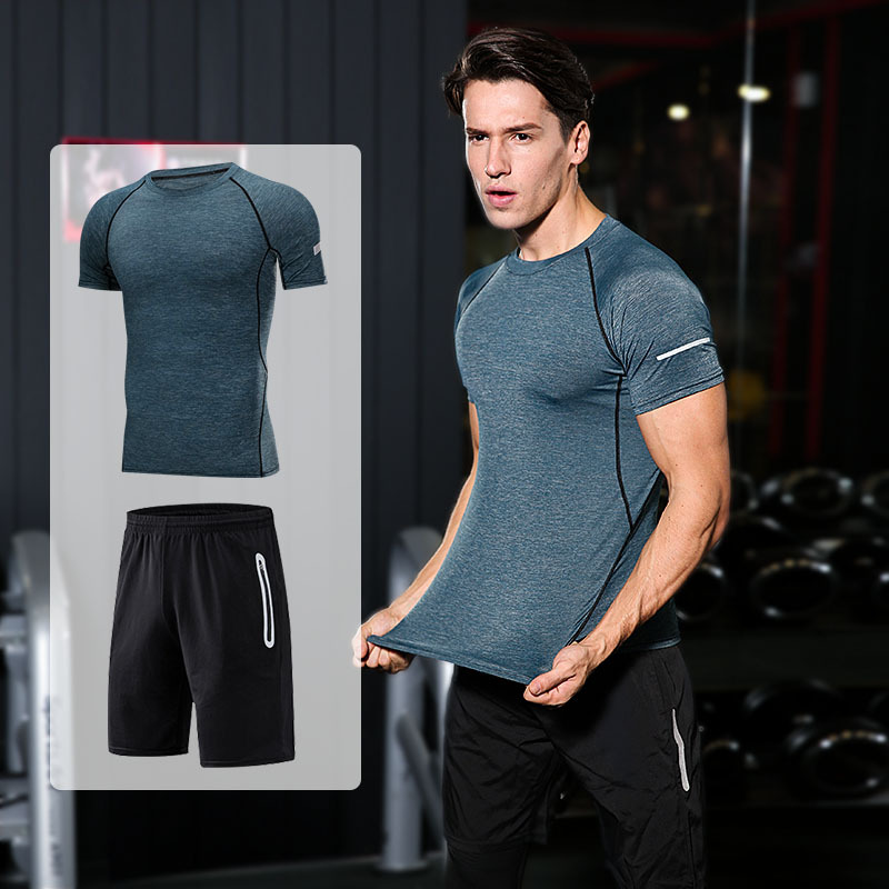 FDMM003-3 Fitnessdräkt för män, T-shirt + Lösa shorts + Tight byxor för löpning