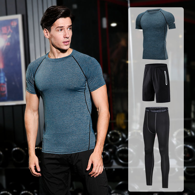 FDMM003-3 Fitnessdräkt för män, T-shirt + Lösa shorts + Tight byxor för löpning