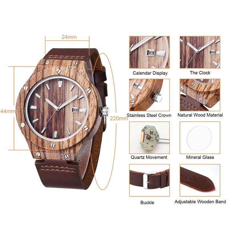 Mäns design lönn träklockor med mjukt läderband japansk rörelse manliga klocka