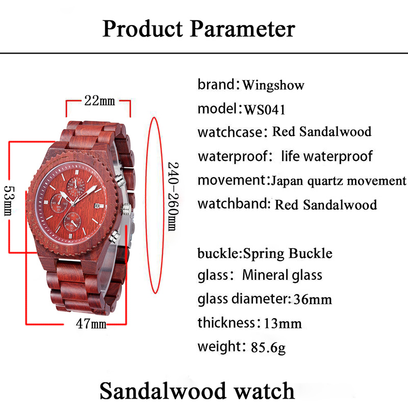 Röd sandelträ vattentät klocka med datumvisning mode kvartsur