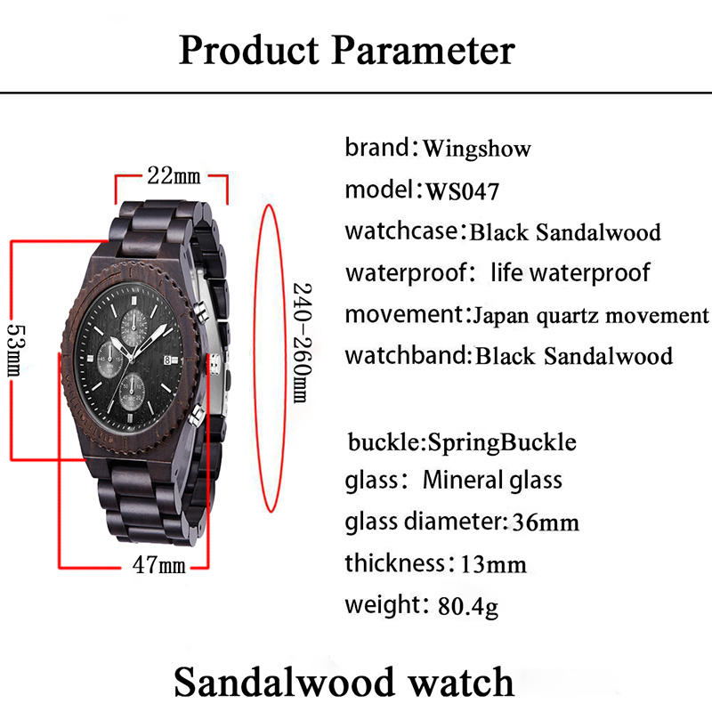 Träklocka för män Chronograph Svart multifunktion Miljövänlig klocka i trä