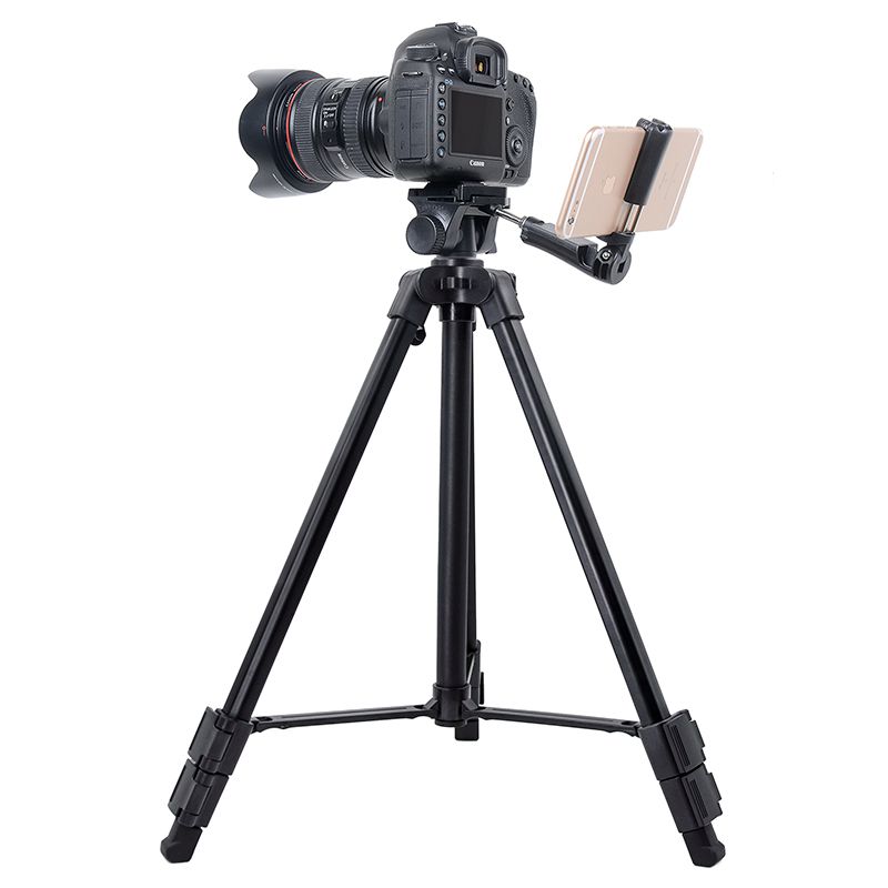 Kingjoy VT-930 bärbar aluminium DSLR kamerastativ stativ med panlutningshuvud, telefonklämma, bärväska